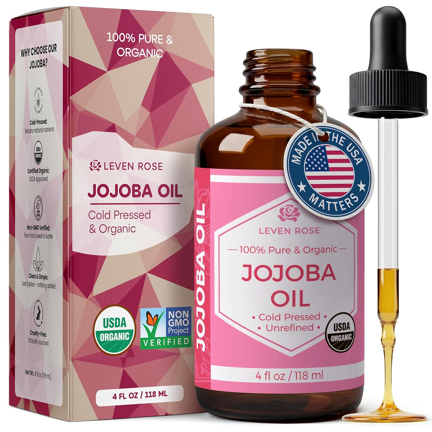 Jojoba Oil Organic, Pure Cold Pressed Carrier Oil, Natural Unrefined Moisturizer for Skin Hair and Nails 4 Oz