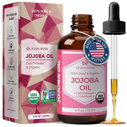Jojoba Oil Organic, Pure Cold Pressed Carrier Oil, Natural Unrefined Moisturizer for Skin Hair and Nails 4 Oz