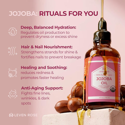 Jojoba Oil Organic, Pure Cold Pressed Carrier Oil, Natural Unrefined Moisturizer for Skin Hair and Nails 4 Oz